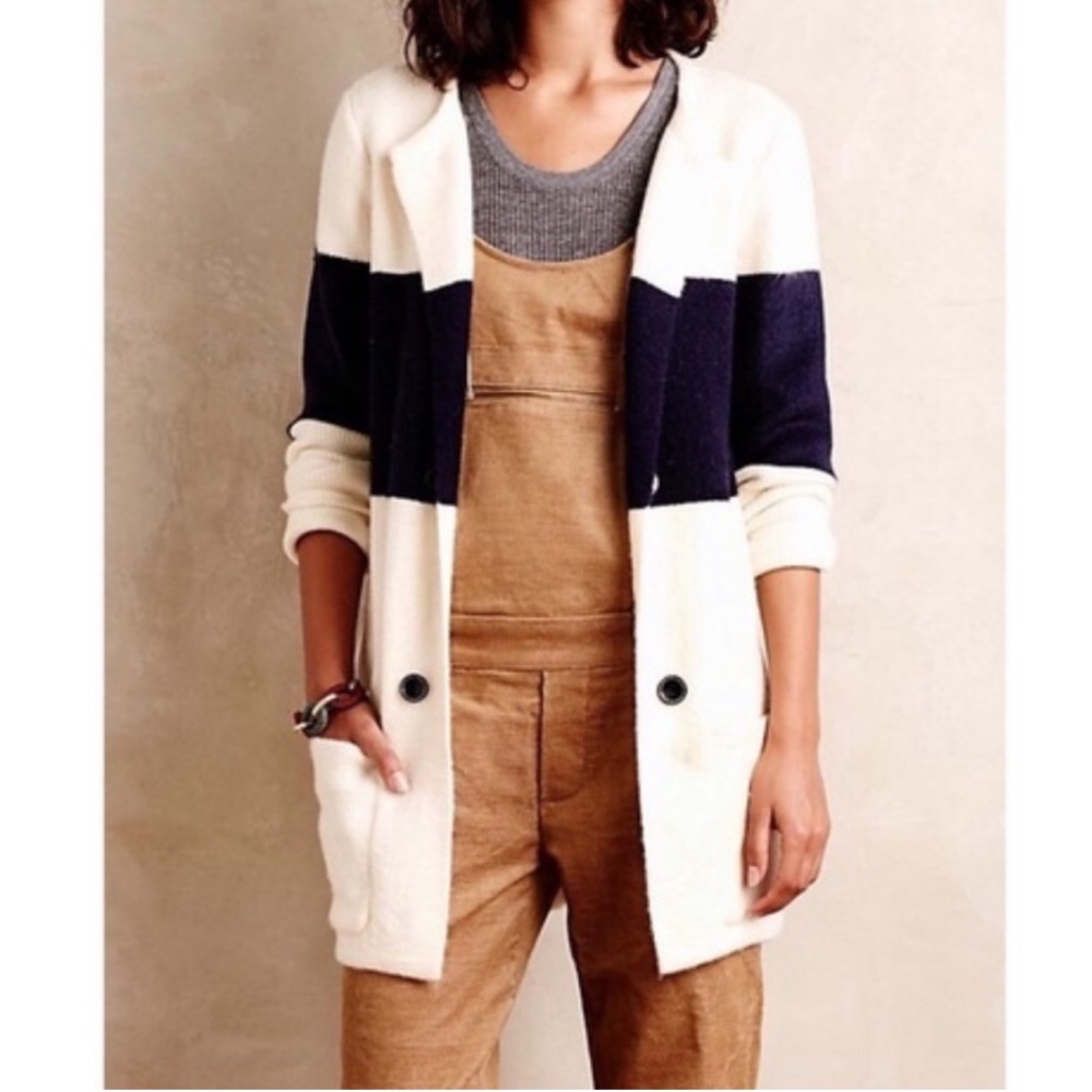 Anthropologie Le Fee Verte navy and cream color block Sweater Jacket!